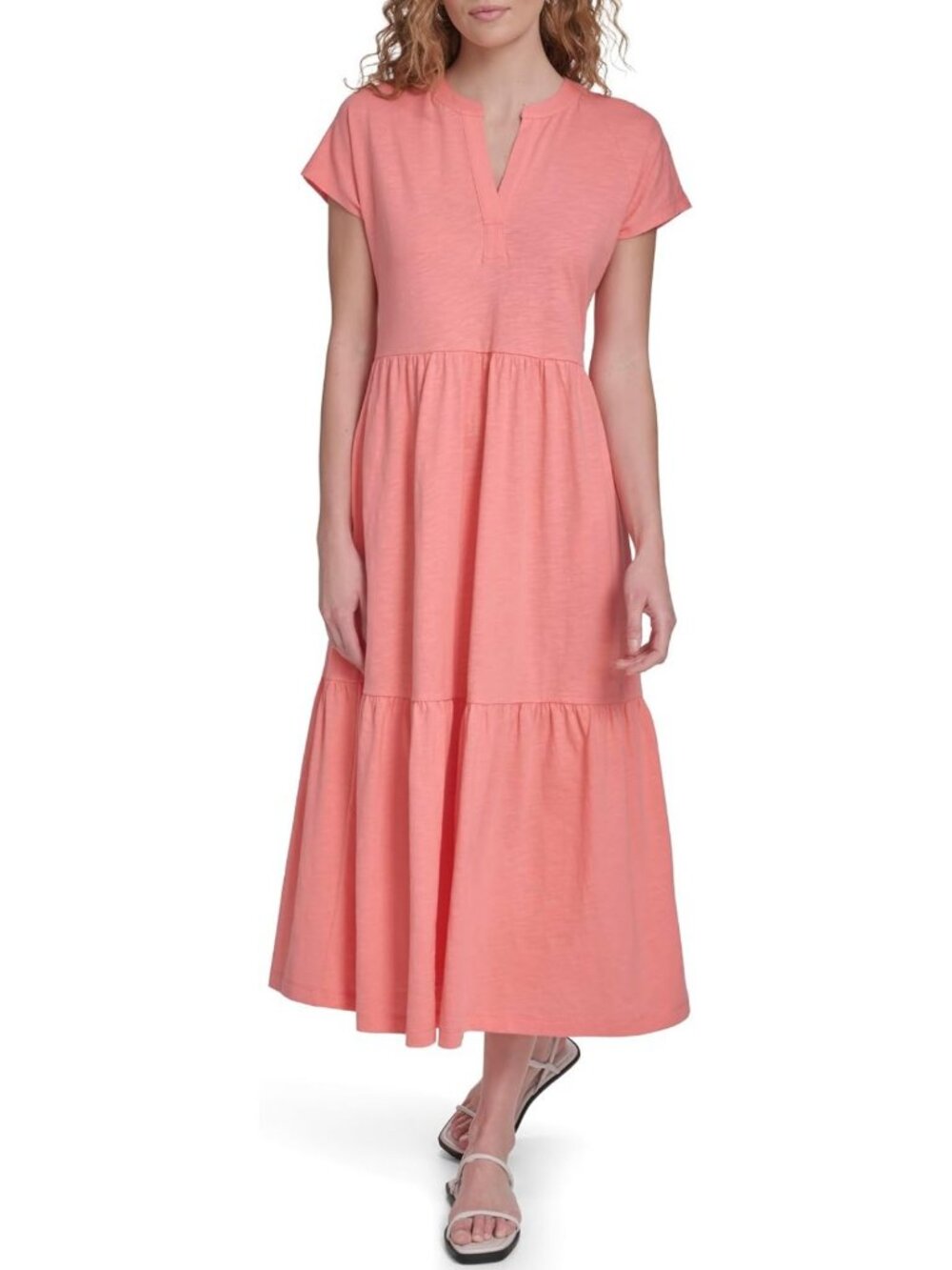 Chic Women's Short Sleeve Midi Dress - Tiered Design, Solid Color, Perfect for